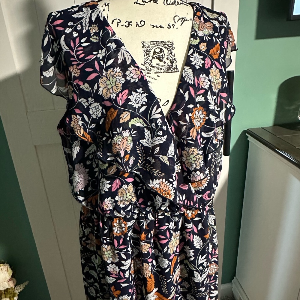 Floral Ruffle V-Neck Women's Dress - Navy with Pink & Orange Accents